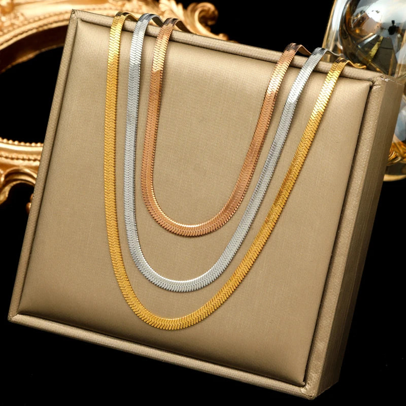 316L Stainless Steel Flat Snake Chain Necklace For Women Girl Non-fading
