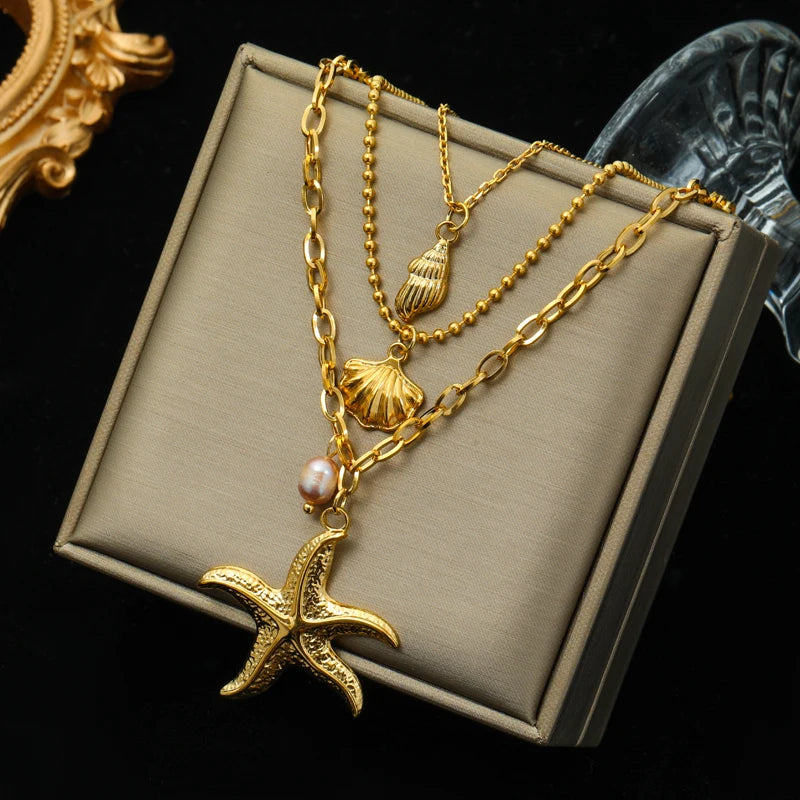 316L Stainless Steel Starfish Pendant Necklace Women Choker Chains 3in1 Jewelry