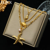 316L Stainless Steel Starfish Pendant Necklace Women Choker Chains 3in1 Jewelry
