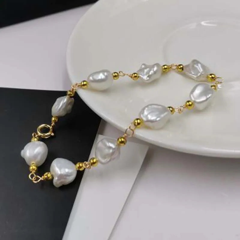 14KGF Baroque Pearl Golden Chain Bracelet 18-19cm