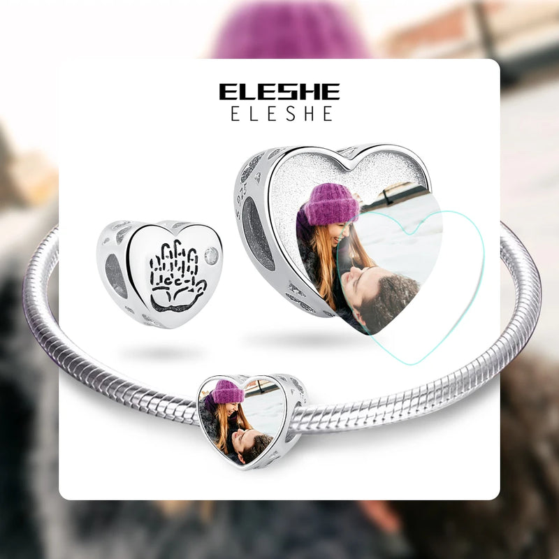 925 Sterling Silver Baby Hand Photo Heart Charm Beads for Bracelet