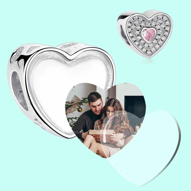 925 Sterling Silver Heart Beads With CZ Personalized Photo Charm
