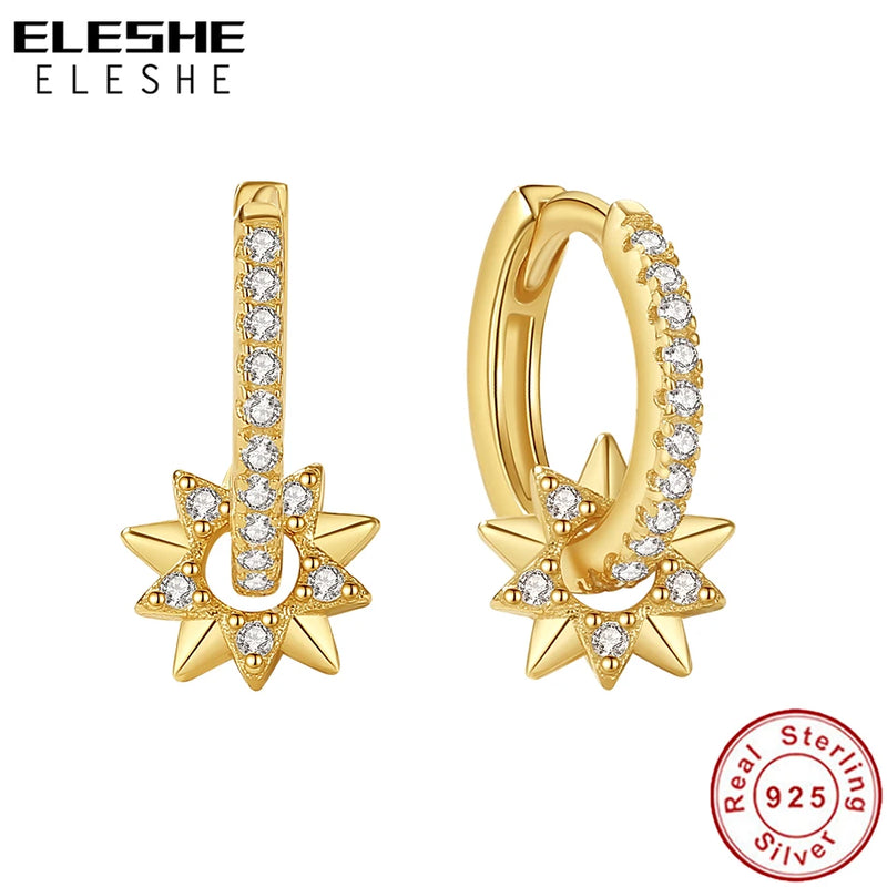 Genuine 925 Silver Sun Hoop Earrings with CZ for Women