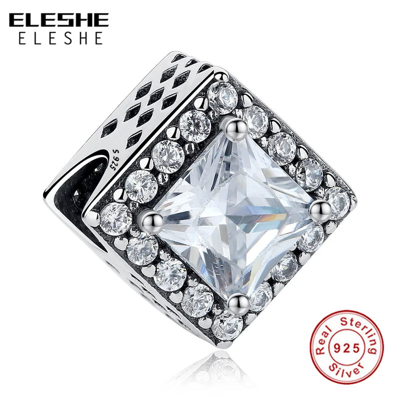 925 Sterling Silver Square Beads Clear CZ Crystal for Bracelets DIY
