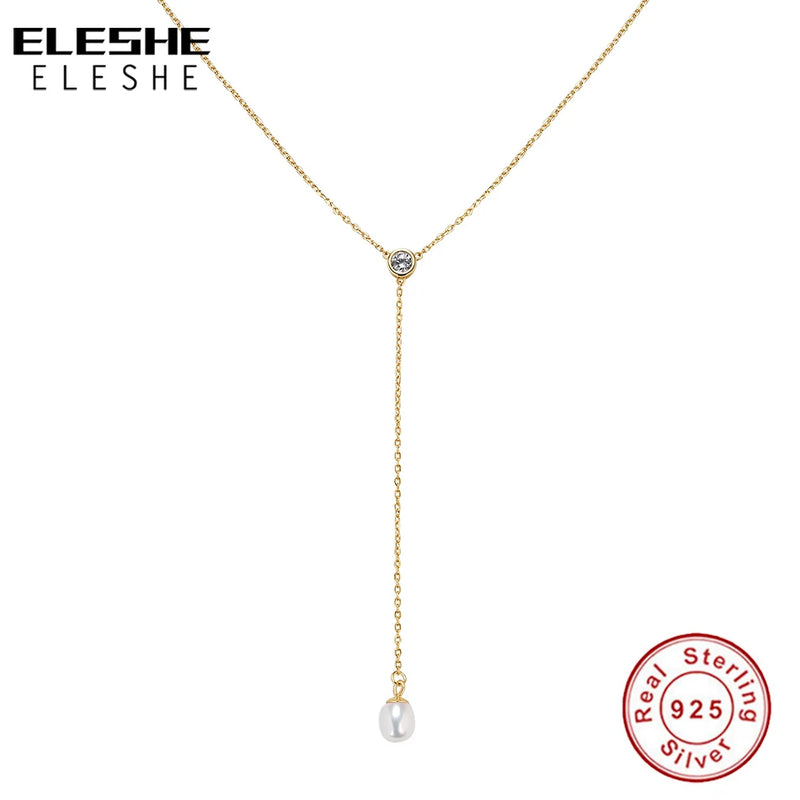 18K Plating Classic Chain Sterling Silver Tassel Pearls Necklace