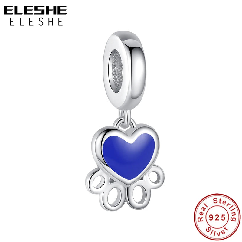 925 Sterling Silver Enamel Heart & Paw Print Dangle Charms for Bracelet