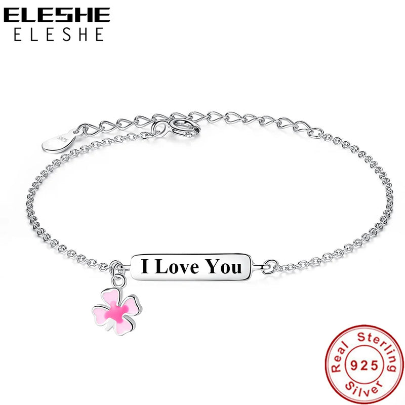 925 Silver Pink Lucky Clover Baby Name Bracelet-Personalized Girls Jewelry
