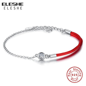 925 Silver Bracelet Crystal Round Charm Red Thread Rope Chain Jewelry