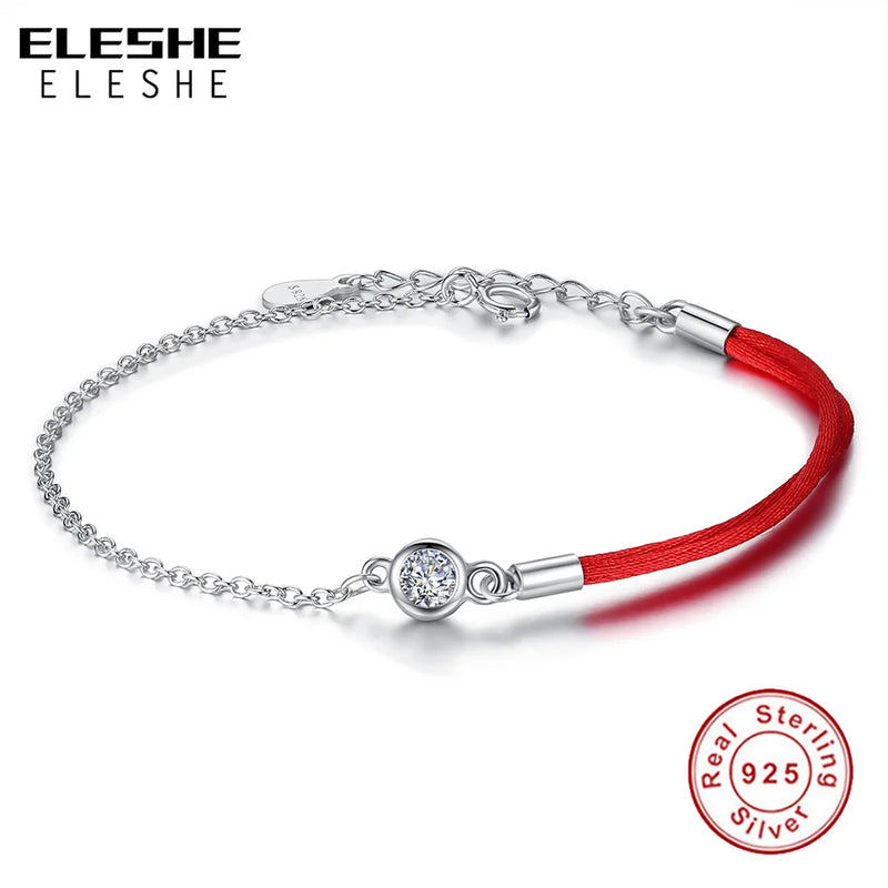925 Silver Bracelet Crystal Round Charm Red Thread Rope Chain Jewelry