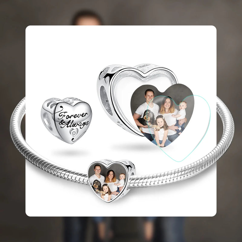925 Silver Photo Heart Charms Forever Love Bead for Bracelet DIY