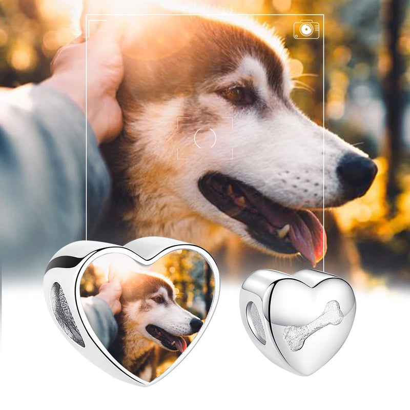 925 Silver Dog Bones Heart Beads Photo Charm Bracelet