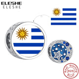 925 Sterling Silver Flag Photo Charm CZ Moon Star Round Bead Bracelet DIY