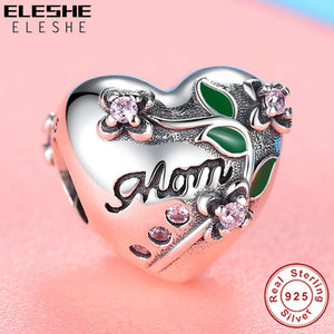 925 Silver Heart Flower Charm Bead for Mother's DIY Bracelet Necklace