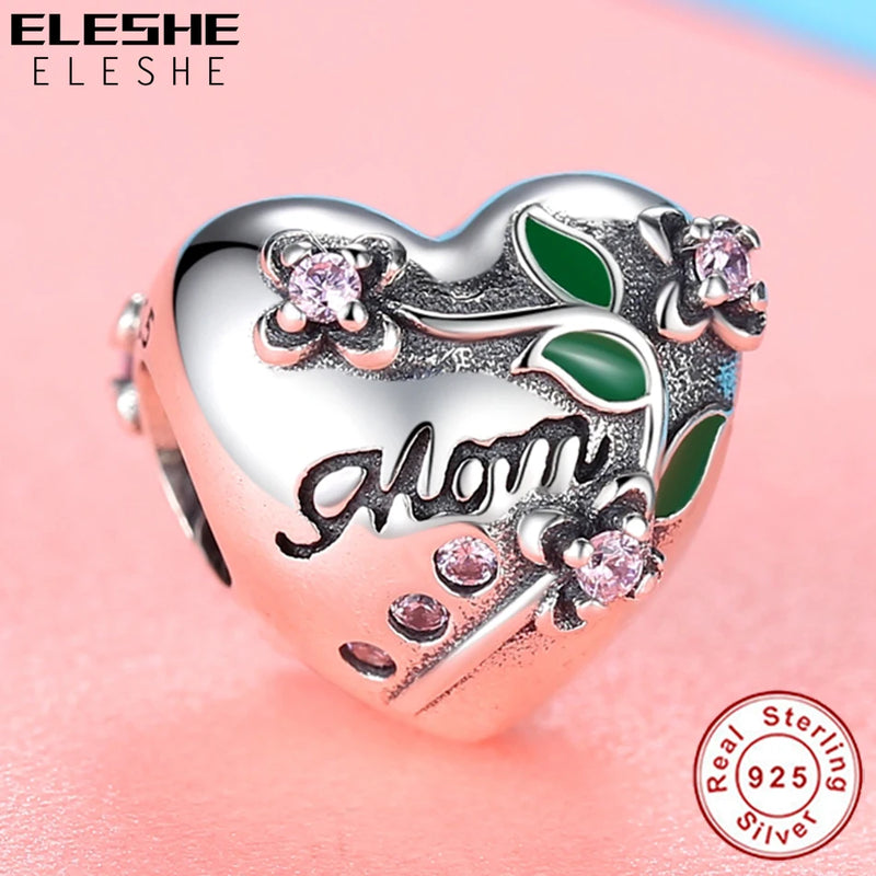 925 Silver Heart Flower Charm Bead for Mother's DIY Bracelet Necklace