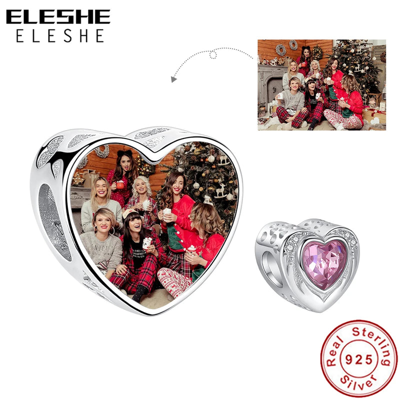 925 Silver Heart Wing Pink CZ Photo Bead Charms Bracelet DIY