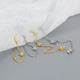 925 Silver Tassel Chain CZ Star Moon Stud Earrings Dangle Earrings