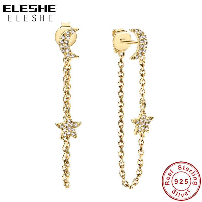 925 Silver Tassel Chain CZ Star Moon Stud Earrings Dangle Earrings