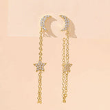925 Silver Tassel Chain CZ Star Moon Stud Earrings Dangle Earrings