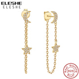 925 Silver Tassel Chain CZ Star Moon Stud Earrings Dangle Earrings