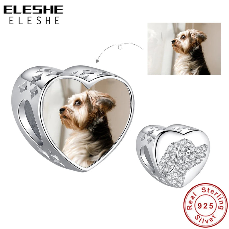 925 Silver Personalized Pet Photo Charm Zircon Heart Beads Bracelet DIY