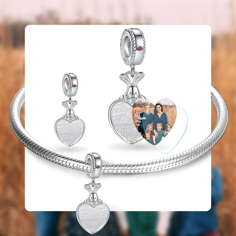 925 Silver Rabbit Heart Pendant Dangle Charm, Personalized Photo Bead
