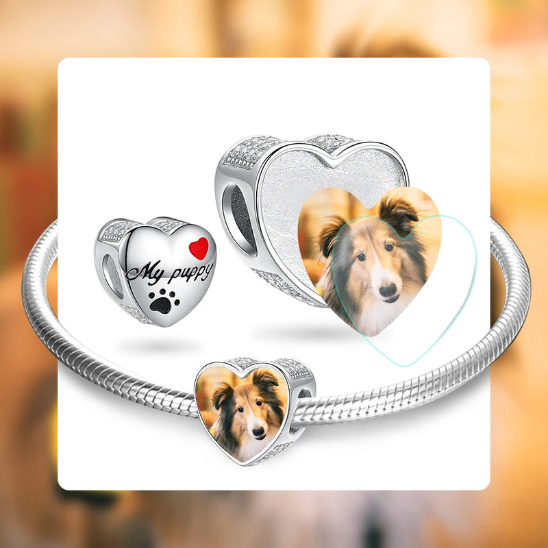 925 Silver Dog Photo Charm My Puppy Paw Heart Bead Bracelet Jewelry