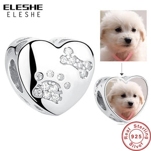 925 Silver Photo Heart Charm Pet Paw Print Bead for Bracelet DIY Jewelry