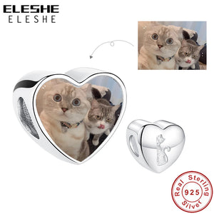 925 Silver Pet Cat Heart Bead Photo Charms Fit Bracelet Necklace