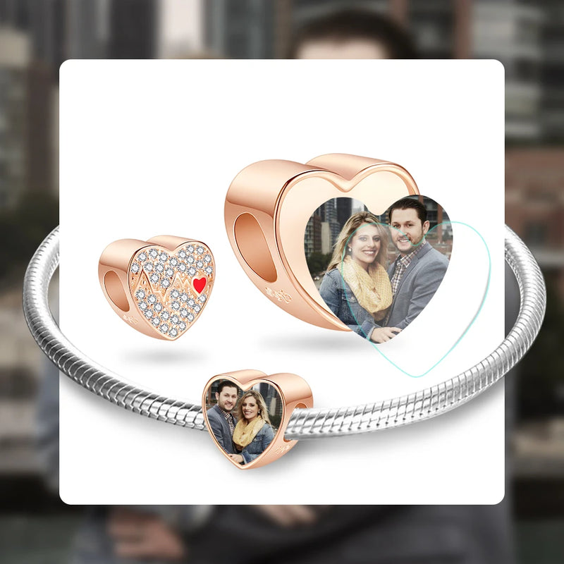 925 Silver Rose Photo Charms Heartbeat CZ Heart Bead Fit Bracelet