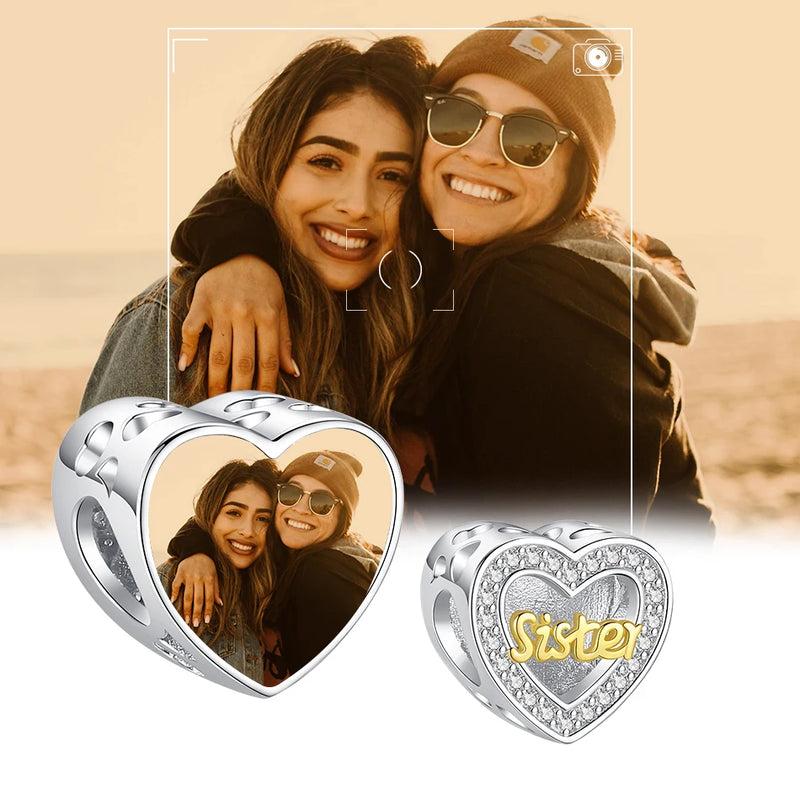 925 Silver Sister Heart Charm Bracelet Bead Women Girls DIY Jewelry