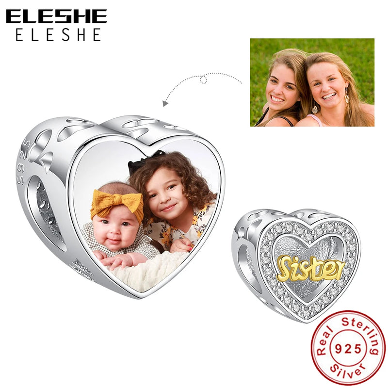 925 Silver Sister Heart Bead CZ Charm for Bracelet DIY