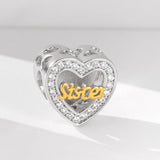 925 Silver Sister Heart Bead CZ Charm for Bracelet DIY