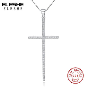 925 Silver Crystal Cross Pendant Women Statement Necklace