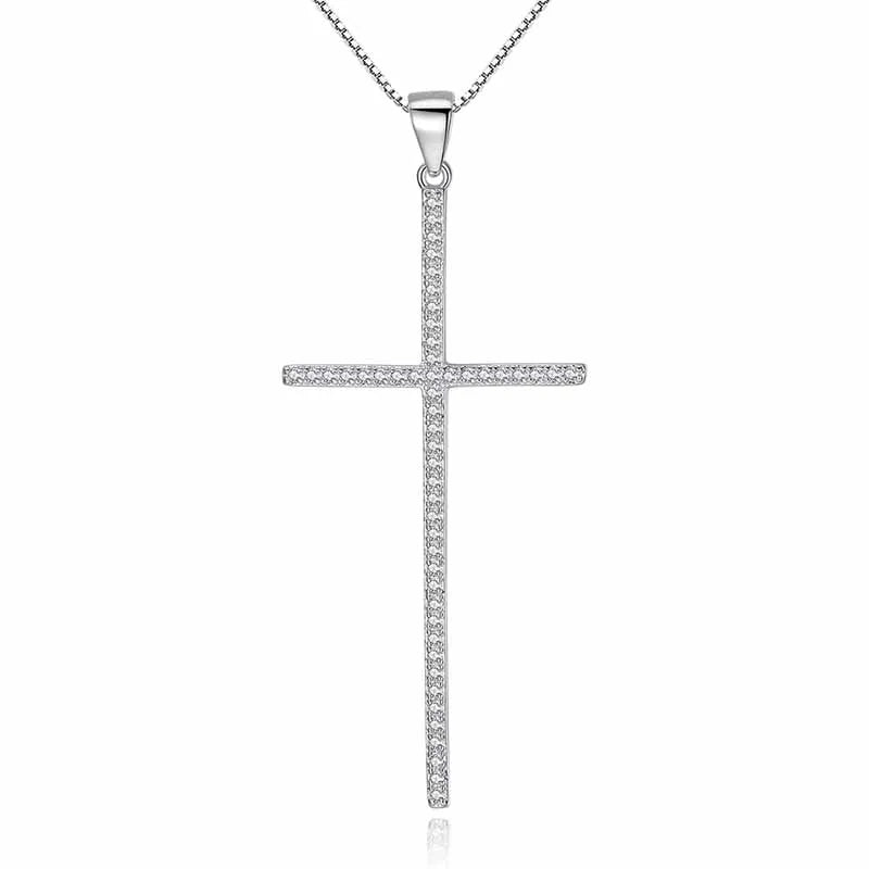925 Silver Crystal Cross Pendant Women Statement Necklace
