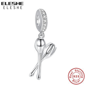 925 Silver Creativity Spoon & Fork Bead Charm for Bracelet Necklace