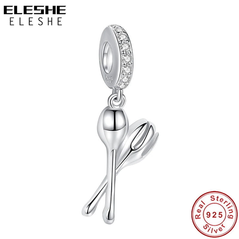 925 Silver Creativity Spoon & Fork Bead Charm for Bracelet Necklace