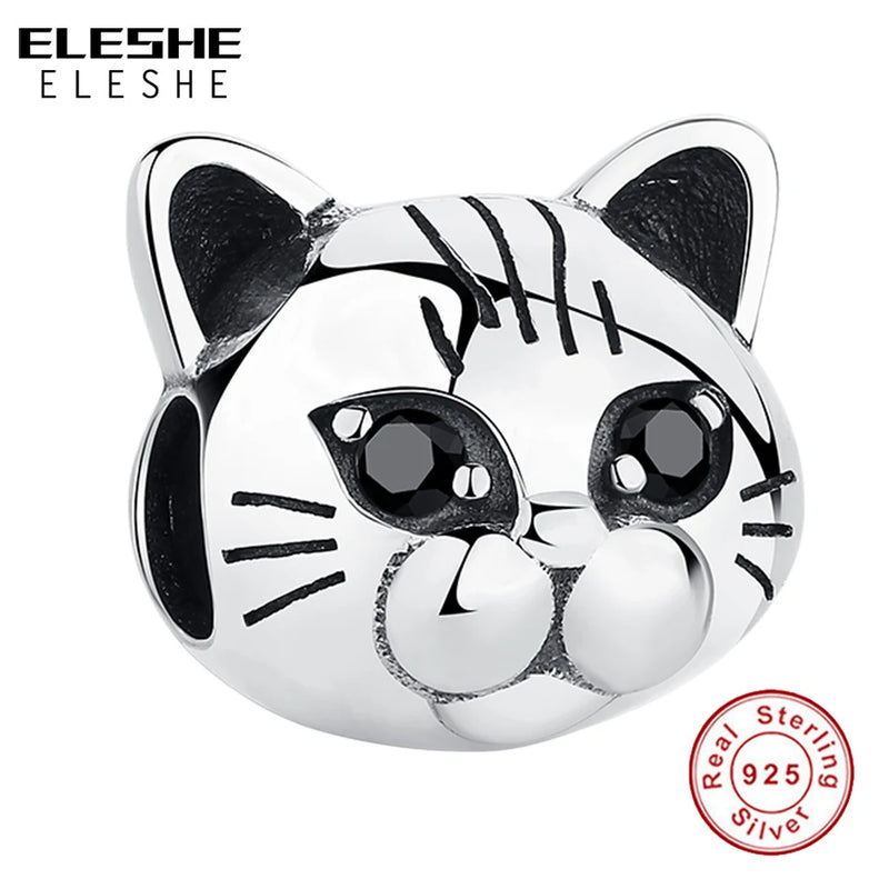 Crystal Cat Animal Bead 925 Silver Charm for Bracelets & Bangles