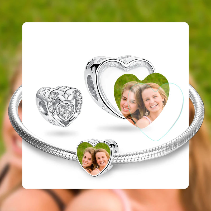 Classic Friendship Heart Beads with CZ 925 Sterling Silver Photo Charm