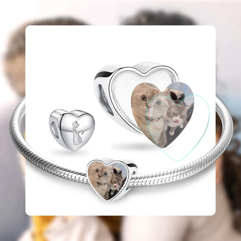 925 Silver Cat Heart Charm for Bracelet Necklace DIY