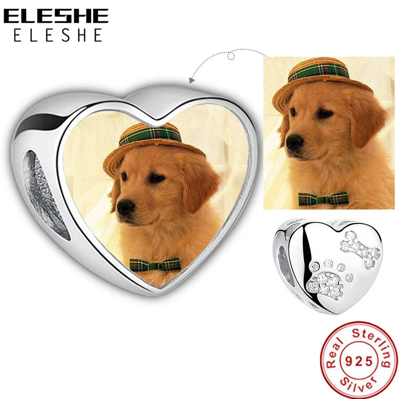 925 Silver Paw Print Heart Charms Photo Beads - DIY Personalized Jewelry