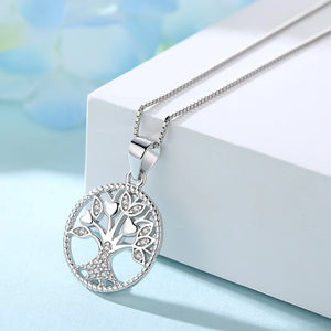 925 Silver Clear CZ Tree of Life Round Pendant Necklace for Women