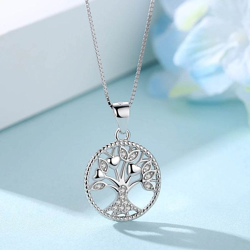 925 Silver Clear CZ Tree of Life Round Pendant Necklace for Women