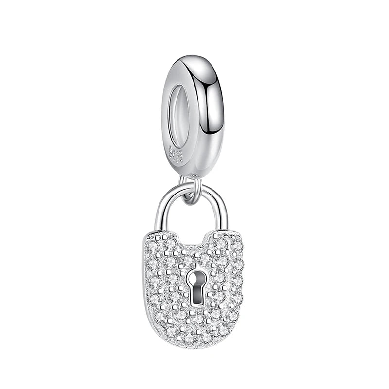 Zircon Lock Dangle Charms 925 Sterling Silver Beads for Bracelet DIY