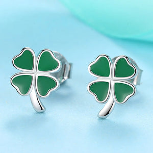 925 Silver Heart Green Enamel Clover Stud Earrings