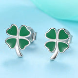 925 Silver Heart Green Enamel Clover Stud Earrings