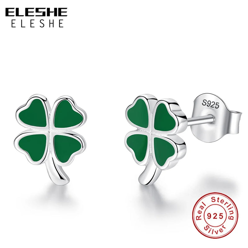 925 Silver Heart Green Enamel Clover Stud Earrings