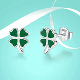 925 Silver Heart Green Enamel Clover Stud Earrings
