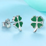 925 Silver Heart Green Enamel Clover Stud Earrings