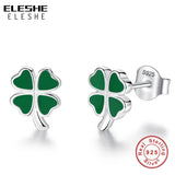 925 Silver Heart Green Enamel Clover Stud Earrings