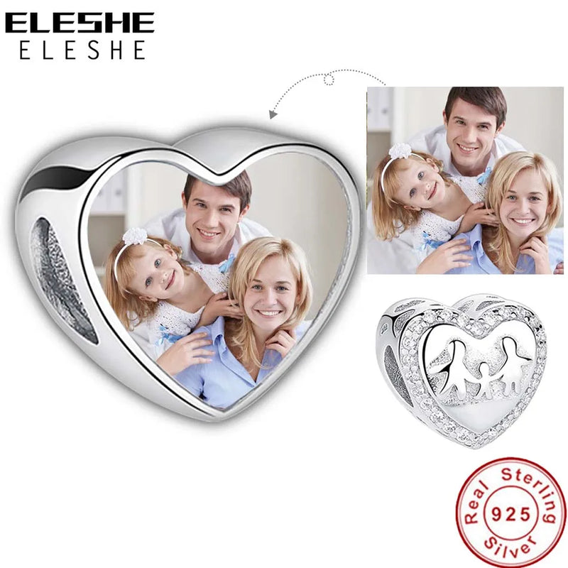 Family Love 925 Silver Heart Charms Beads for Bracelets with CZ, Silver Jewelry